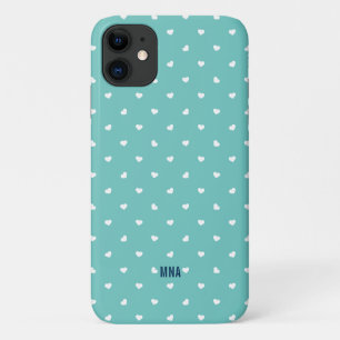 Schattige Turquoise en Witte Harten Patroon Monogr Case-Mate iPhone Case