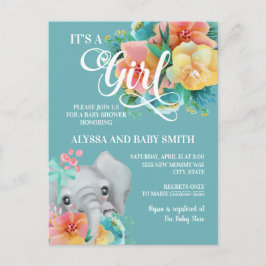 Schattige turquoise gele roze olifant baby shower briefkaart