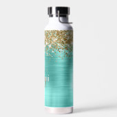 Schattige Turquoise Gouden Faux Glitter Monogram Waterfles (Links)
