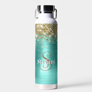 Schattige Turquoise Gouden Faux Glitter Monogram Waterfles