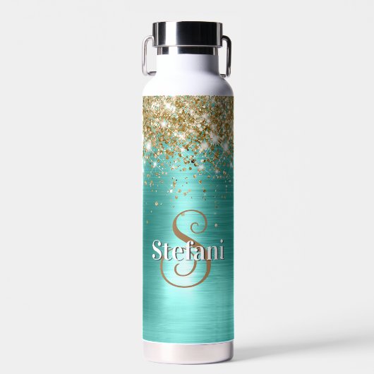 Schattige Turquoise Gouden Faux Glitter Monogram Waterfles (Voorkant)
