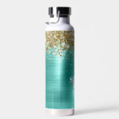 Schattige Turquoise Gouden Faux Glitter Monogram Waterfles (Rechts)