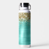 Schattige Turquoise Gouden Faux Glitter Monogram Waterfles (Achterkant)