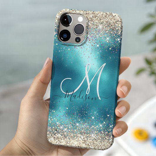 Schattige turquoise gouden nepschitter monogram Case-Mate iPhone case
