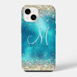 Schattige turquoise gouden nepschitter monogram iPhone 14 hoesje