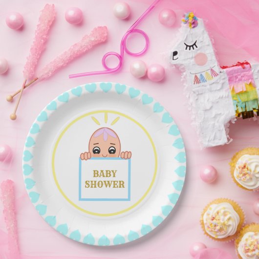 Schattige Turquoise Hearts Baby shower Papieren Bordje (Feest)