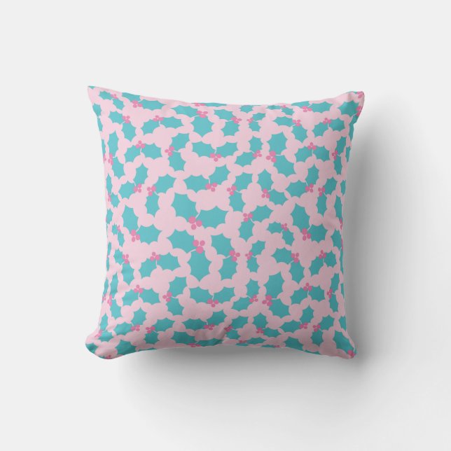 Schattige Turquoise & Roze Kerst Mistletoe Feestel Kussen (Voorkant)