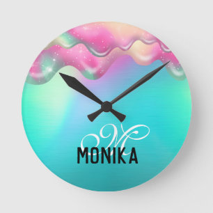 Schattige Turquoise Roze Regenboog Dripping Galaxy Ronde Klok