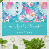 Schattige turquoise sneeuwmannen script kerst theedoek (Gevouwen)