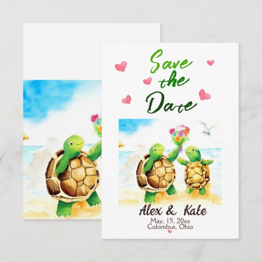 Schattige Turtle Wedding Save the Date Aankondigin (Voorkant / Achterkant)