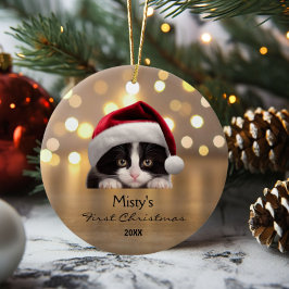 Schattige Tuxedo Cat Santa Hat Gold gepersonalisee Keramisch Ornament