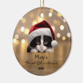 Schattige Tuxedo Cat Santa Hat Gold gepersonalisee Keramisch Ornament (Links)