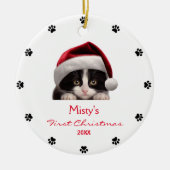 Schattige Tuxedo Cat Santa Hat Paw Print gepersona Keramisch Ornament (Voorkant)