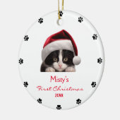 Schattige Tuxedo Cat Santa Hat Paw Print gepersona Keramisch Ornament (Links)