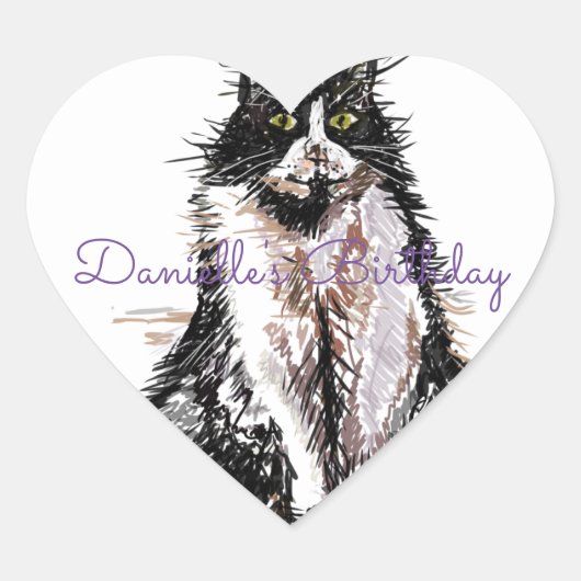 Schattige Tuxedo Cat Zwart Wit Katten Verjaardag Hart Sticker (Voorkant)