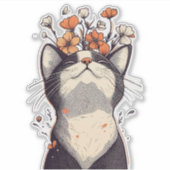 Schattige Tuxedo Kat en Bloemen Sticker (Voorkant)