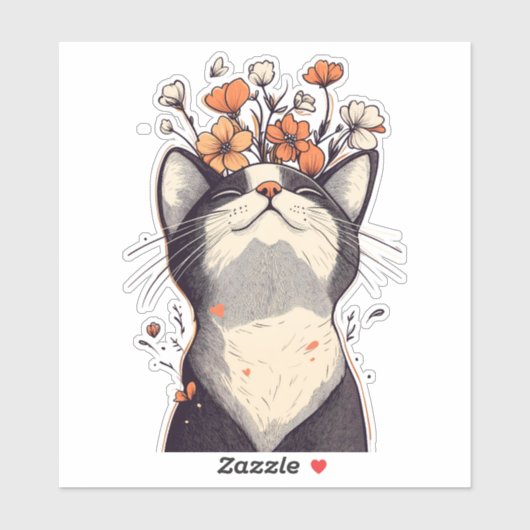 Schattige Tuxedo Kat en Bloemen Sticker (Vel)