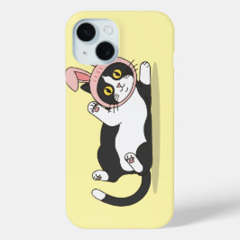 Schattige Tuxedo Kat in Roze Konijnen Hoed iPhone 15 Case
