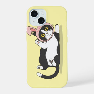 Schattige Tuxedo Kat in Roze Konijnen Hoed iPhone 15 Case