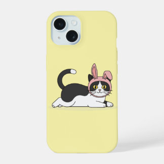 Schattige Tuxedo Kat in Roze Konijnenhoed Esthetis iPhone 15 Case
