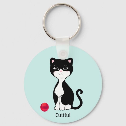 Schattige Tuxedo Kat op Lichtblauw Sleutelhanger (Voorkant)