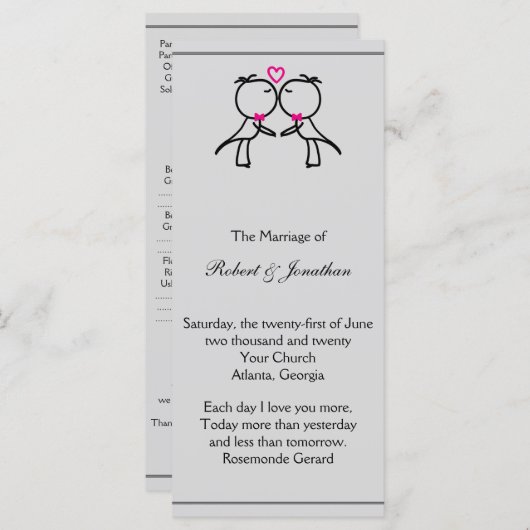 Schattige Twee Grooms Kussen Gay Trouwprogramma Programmakaart (Voorkant / Achterkant)