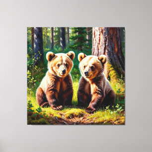 Schattige Tweeling Beerwelpen in een Zonnige Bosop Canvas Afdruk