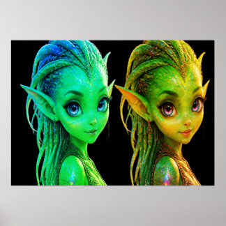 Schattige Tweeling Buitenaardse Meisjes Op Een Muu Poster