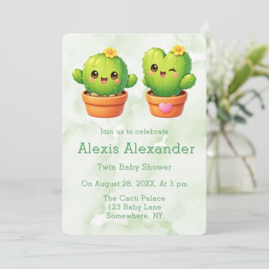 Schattige Tweeling Cactus Baby Shower Kaart (Staand voorkant)
