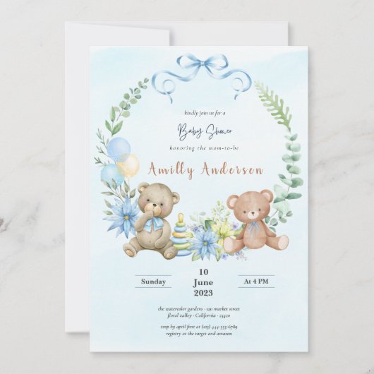 Schattige tweeling teddybeer floraal baby shower kaart (Voorkant)