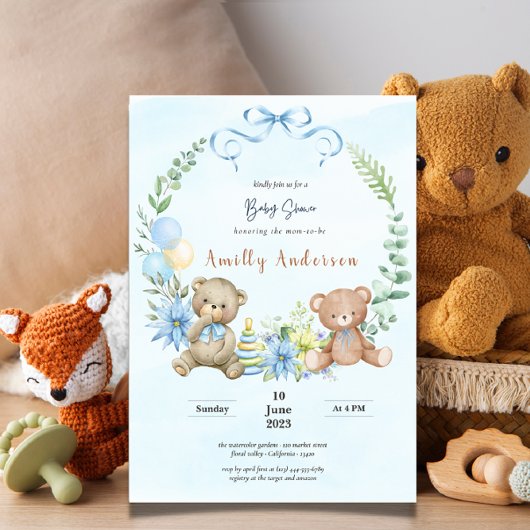 Schattige tweeling teddybeer floraal baby shower kaart