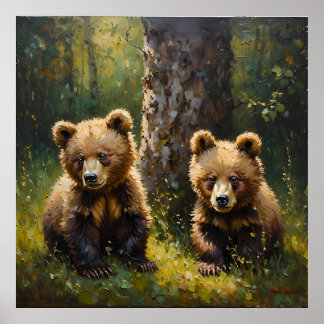 Schattige Twin Beer Cubs in een zonovergoten bos C Poster