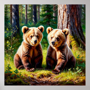 Schattige Twin Beer Cubs in een zonovergoten bos C Poster