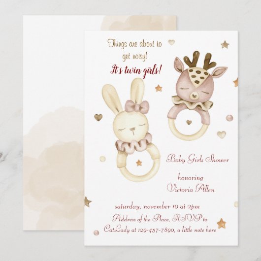 Schattige Twin Girls Baby shower Uitnodiging (Voorkant / Achterkant)
