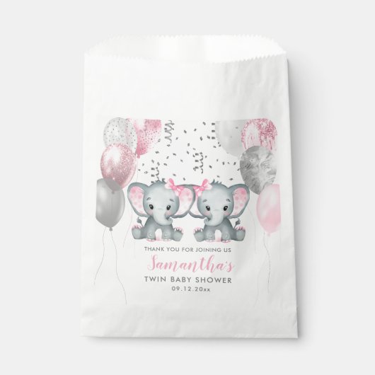 Schattige Twin Meisje Olifant Roze Ballons Baby sh Bedankzakje (Voorkant)