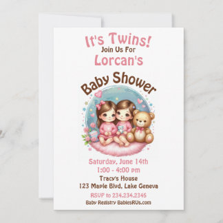 Schattige Twin Meisje's Baby shower Waterverf Tedd Kaart