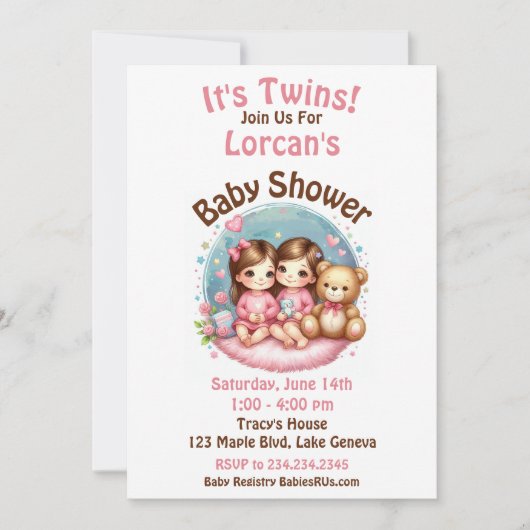 Schattige Twin Meisje's Baby shower Waterverf Tedd Kaart (Voorkant)