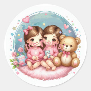 Schattige Twin Meisje's Baby shower Waterverf Tedd Ronde Sticker