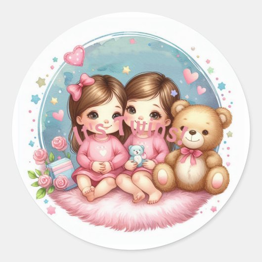 Schattige Twin Meisje's Baby shower Waterverf Tedd Ronde Sticker (Voorkant)