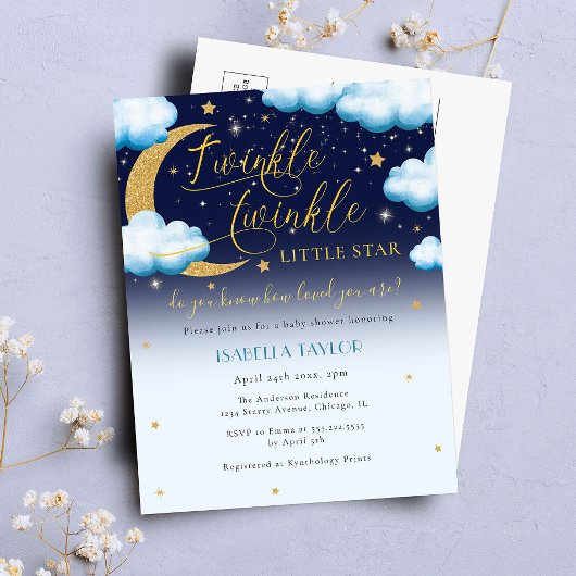 Schattige Twinkle Little Star Blue Boy Baby shower Uitnodiging Briefkaart