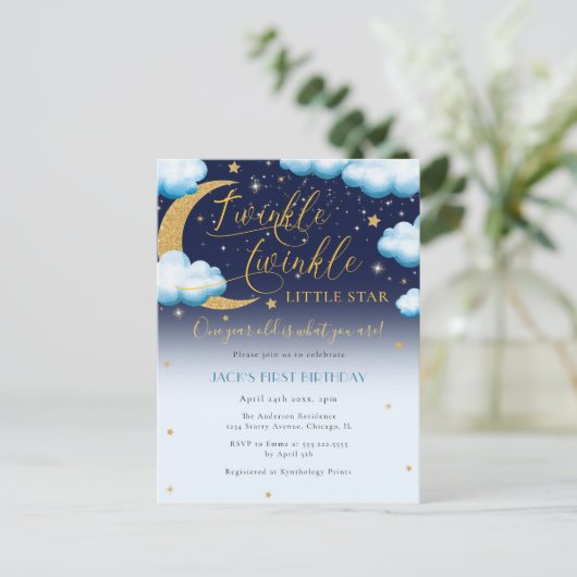 Schattige Twinkle Little Star Blue Boy Eerste Verj Uitnodiging Briefkaart (Staand voorkant)