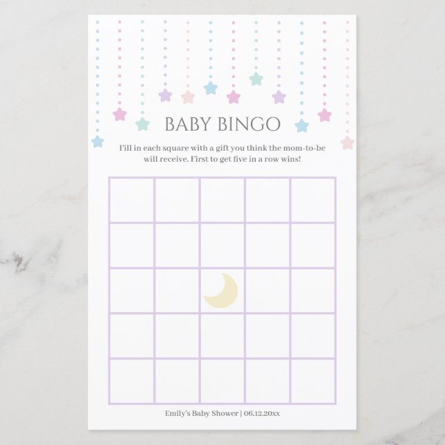 Schattige Twinkle Little Stars Baby shower Bingo s (Voorkant)