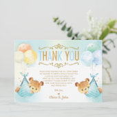 Schattige Twins Baby Boys Teddy Bears Baby shower Bedankkaart (Staand voorkant)