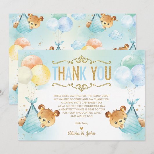 Schattige Twins Baby Boys Teddy Bears Baby shower Bedankkaart (Voorkant / Achterkant)
