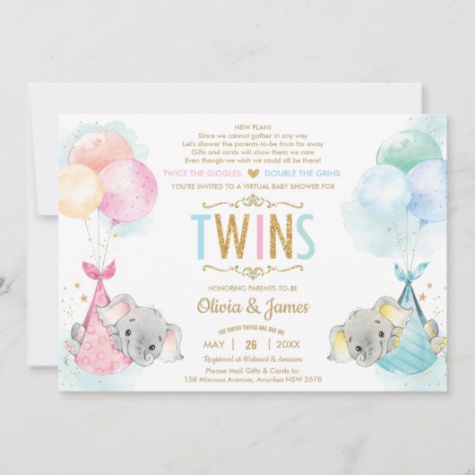 Schattige Twins Boy Girl Elephant Baby shower per Kaart (Voorkant)