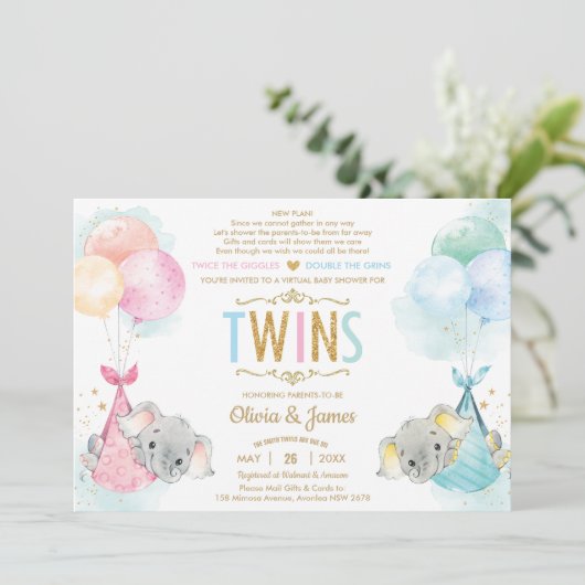 Schattige Twins Boy Girl Elephant Baby shower per  Kaart (Staand voorkant)