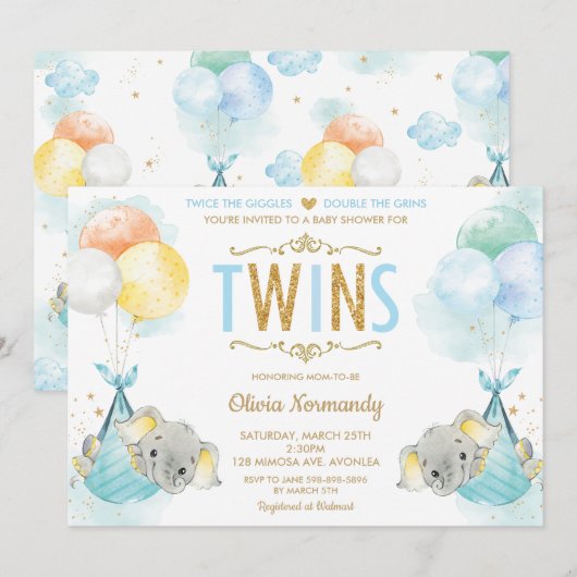 Schattige Twins Boys Olifant Baby shower Sprinkle Kaart (Voorkant / Achterkant)