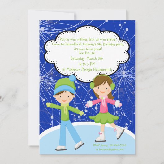 Schattige Twins Ice Skating Birthday Invitation Kaart (Voorkant)