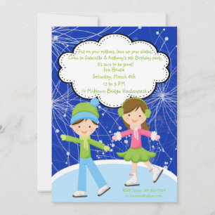 Schattige Twins Ice Skating Birthday Invitation Kaart