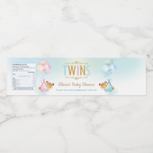 Schattige Twins Jongen Meisje Teddy Bear Baby show Waterfles Etiket (Enkel label)